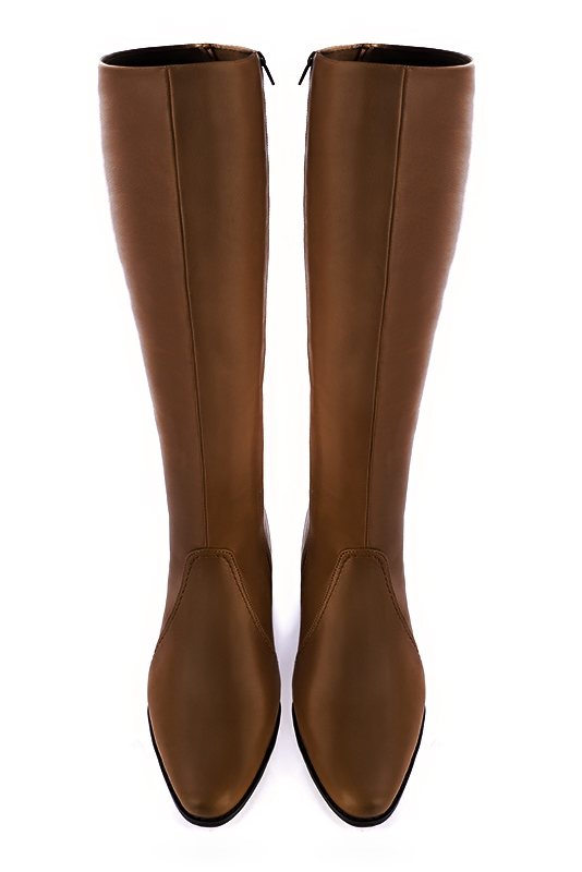 Caramel brown women's riding knee-high boots. Round toe. Low leather soles. Made to measure. Top view - Florence KOOIJMAN